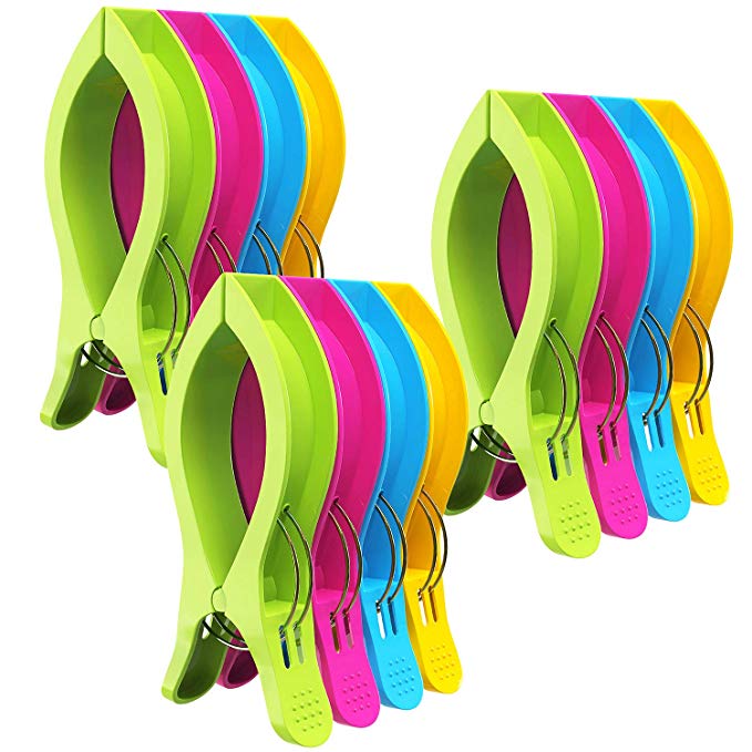 Attmu 12 Pack Beach Towel Clips Chair Clips Towel Holder in Fun Bright Colors - Stop The Towels from Blowing Away (D-12 Pack)