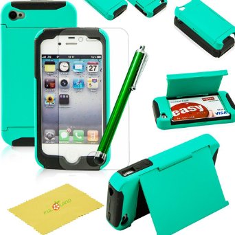 Fulland Hybrid Body Armor Silicone  Hard Case Cover with Credit Card ID Card Holder and kickstand for Apple iPhone 4 4S Plus Stylus Pen and Screen Protector -Aqua Green