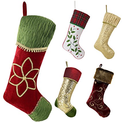Valery Madelyn 21" Red and Green Stocking with Traditional Christmas Flower Design