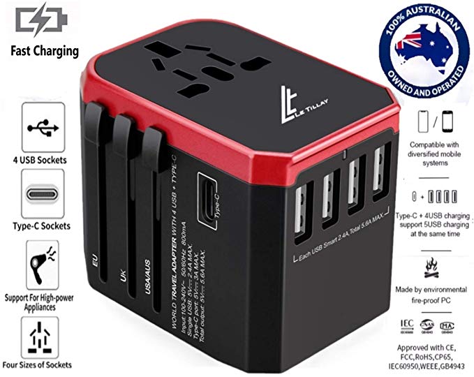 LE TILLAY Universal Travel Adaptor 5.6A (MAX) - High Speed 2.4A - 4 USB and 1 Type-C for AU US EU UK - International Power Adapter - Universal Travel Adapter - Worldwide All in One Plugs Smart Charger AC Power Wall Plug for Worldwide 150  Countries like Europe Asia Japan Australia Middle East India Israel Germany France Italy India Africa China Russia American British European Adaptor (RED)