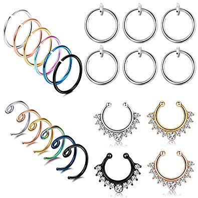 LOLIAS 22Pcs 20G Stainless Steel Fake Septum Ring Nose Hoop Ring Faux Lip Ear Non-Pierced Clip On Piercing Jewelry (A:22 Pcs Colorful)