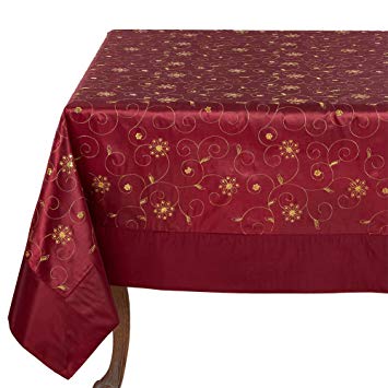 Fennco Styles Holiday Gold Embroidery Sequined Burgundy Tablecloth, 65"X65" Square