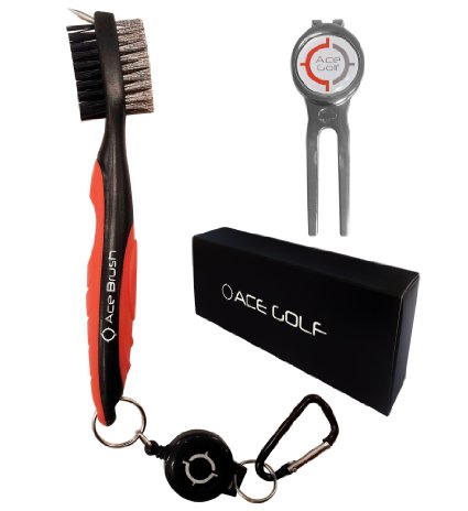 Golf Brush and Club Groove Cleaner Gift Set with Divot Tool and Ball Marker by Ace Golf, 2 Ft Retractable Zip-line Aluminum Carabiner, Lightweight, Ergonomic Design, Easily Attaches to Golf Bag
