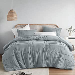 Comfort Spaces Blue/Grey King Size Comforter Set - 3 Pieces Pintuck Pleated Bedding Sets King, All Season Lightweight, Extra Softness Pre-Washed Microfiber King Bed Set, Shams, King/Cal King