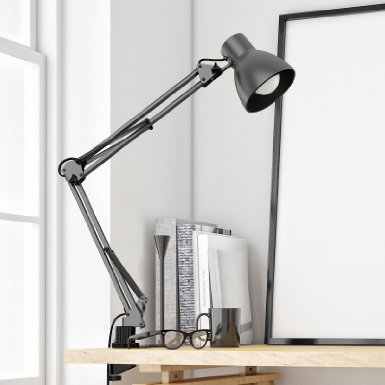ToJane Swing Arm Desk Lamp Long Metal Architect LED Task Light with Clamp, Adjustable Folding Twin-Arm Clip-on Table Lamp , Grey