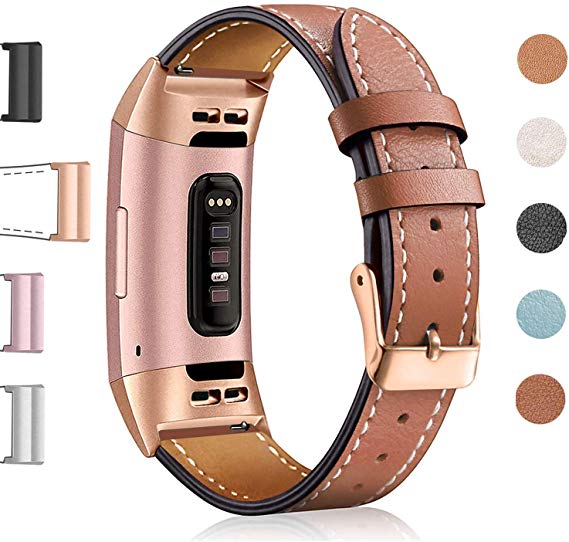 Hotodeal Leather Band Compatible Charge 3, Classic Replacement Genuine Leather Bands Metal Connectors Women Men Small Large Size Silver, Rose Gold, Black