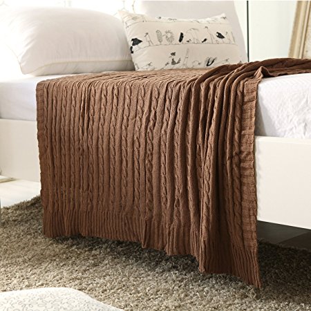 iSunShine® Cotton Knitted Cable Throw Soft Warm Cover Blanket Cable Knitting Pattern, 70*78 Inches, Coffee