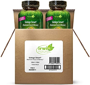 Irwin Naturals Ginkgo Smart Powerful Nootropic Brain Booster - Supports Maximum Memory, Focus & Mental Clarity with DMAE, Clubmoss, Choline & Acetyl L-Carnitine - 120 Liquid Softgels Twin Pack