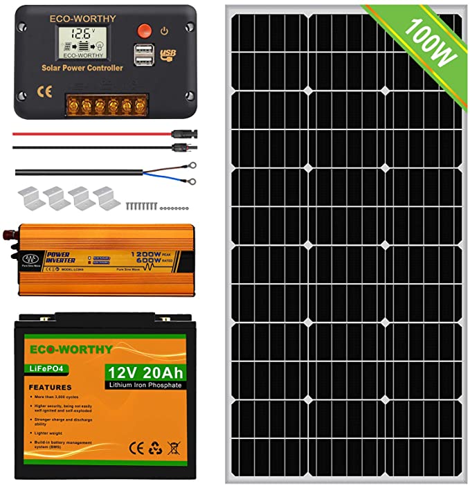 ECO-WORTHY Solar Panel Kit with Battery and Inverter for RV Home Boat Camper: 100 Watt 12 Volt Solar Panel   20A Charge Controller   20Ah Lithium Battery   600W Solar Inverter  Solar Cables