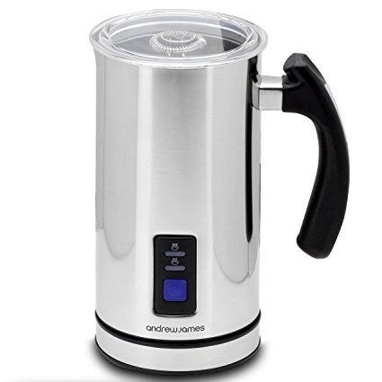 Andrew James Electric Milk Frother and Warmer, For Hot and Cold Milk, Silent Operation, Non Stick Coating, Includes 2 Whisk Attachments for Latte and Cappuccino