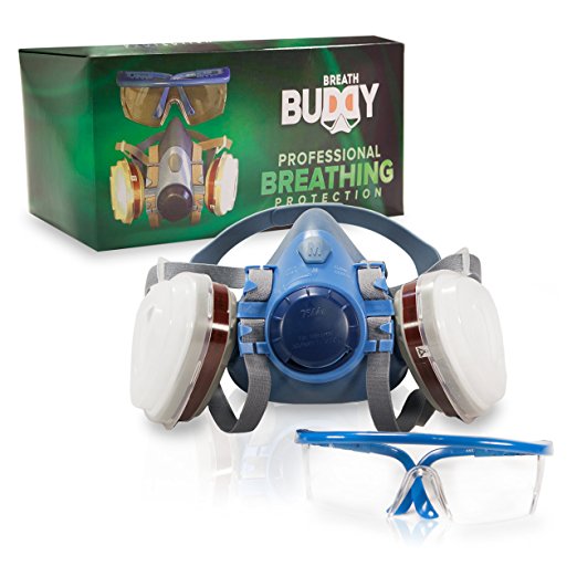 Breath Buddy Re-Usable Half Mask Respirator (Plus Safety Goggles) Professional Breathing Protection Against Dust, Pollen, Pesticides, and Organic Vapors - Perfect For Painters and DIY Projects