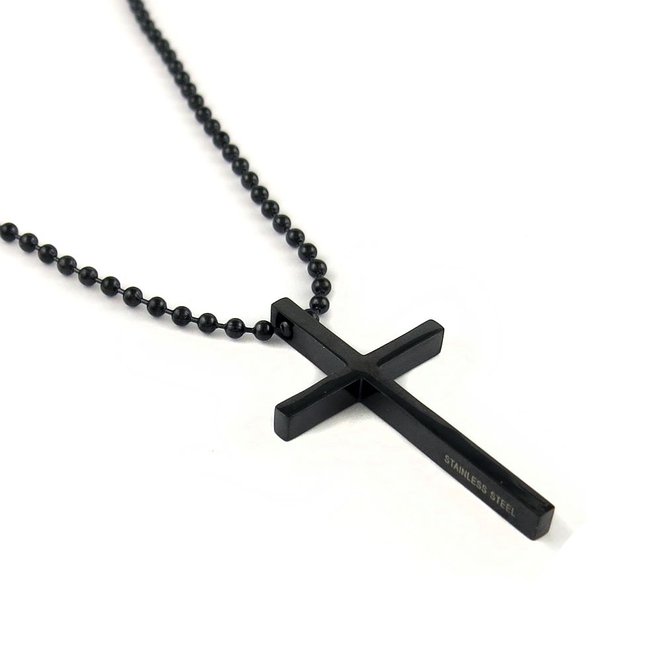 Stainless Steel Black Cross Bead Chain Necklace Pendant