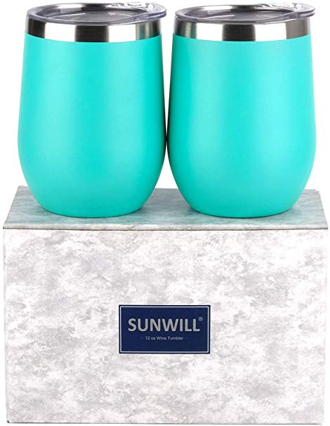 SUNWILL Insulated Wine Tumbler with Lid Teal 2 pack, Double Wall Stainless Steel Stemless Insulated Wine Glass 12oz, Durable Insulated Coffee Mug, for Champaign, Cocktail, Beer, Office