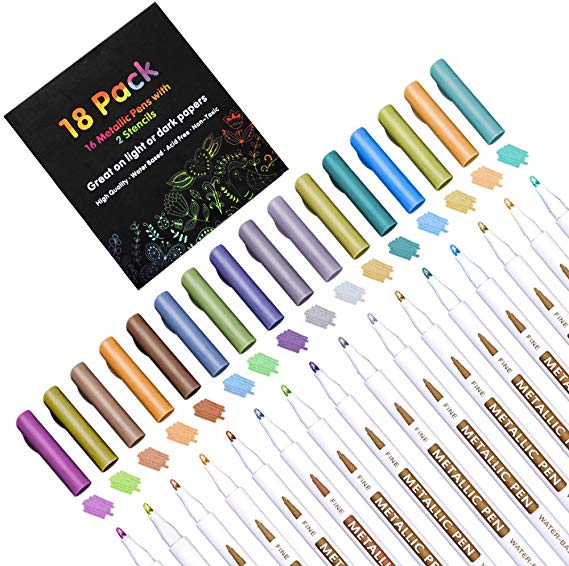 18 Pack Metallic Marker Pens, Lineon 16 Colors Fine Tip Paint Pens with 2 Stencils for DIY Craft Photo Album Rock Art Painting Card Making Glass Wood