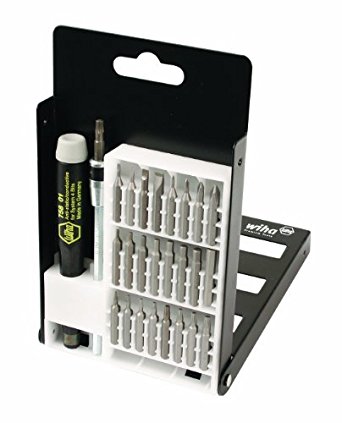 Wiha 75992 System 4 Precision Interchangeable Bit Set, Torx, Slotted, Phillips, Hex-Inch, ESD Safe Precision Handle, 27 Piece In Compact Box