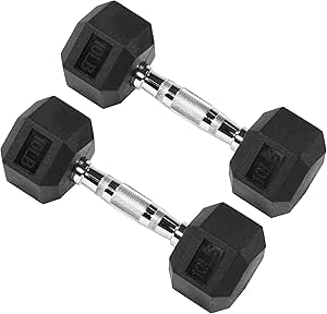 Signature Fitness Premium Rubber Encased Hex Dumbbell, Pair or Single, 10-100 Pounds