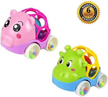 ZHFUYS Rattle & Roll Car,2 Pack Soft Rubber Rattle car 4.5 inch Cute Infant Hand Push Toy car (2 Pack-02)