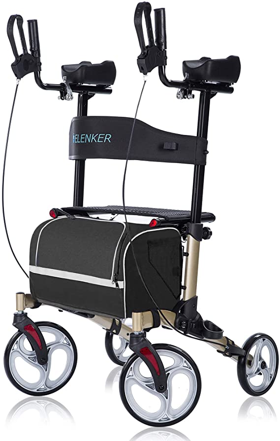 ELENKER Upright Walker, Stand Up Folding Rollator Walker with 10” Front Wheels, Padded Armrests, Seat and Backrest for Seniors and Adults, Champagne