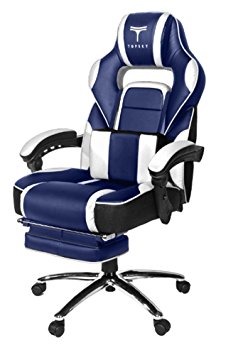 TOPSKY High Back Racing Style PU Leather Executive Computer Gaming Office Chair Ergonomic Reclining Design with Lumbar Cushion Footrest and Headrest (Navy&White)