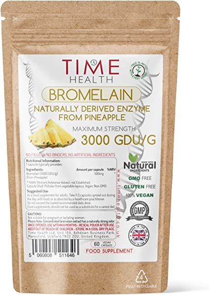 Bromelain Capsules - High Strength 3000 GDU - Highly Dosed 500mg per Capsule - Naturally Derived from Pineapple - UK Made - Zero Additives - Vegan - Pullulan (60 Count (Pack of 1))