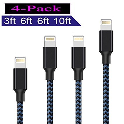 REBUQI Lightning Cable, Nylon Braided Cord iPhone Cable to USB Charging iPhone Charger for iPhone 7/7 Plus,6/6S/6 Plus/6S Plus,5/5S/5C/SE,iPad,iPod and More.[4 Pack][3FT 6FT 6FT 10FT]（Black and Blue）