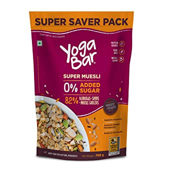 Yogabar Super Muesli, No Added Or Hidden Sugar, Breakfast Muesli With Probiotics & Prebiotics, 82% Almonds + Whole Grains + Chia Seeds + Flax Seeds, 700G