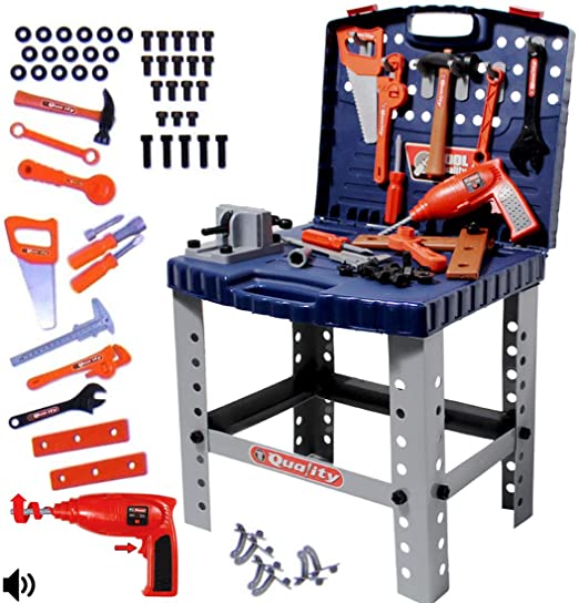 deAO WKS-B 2-in-1 Workshop and Tools Carrycase Play Set with Fold up Design, Multiple Accessories and Electric Drill