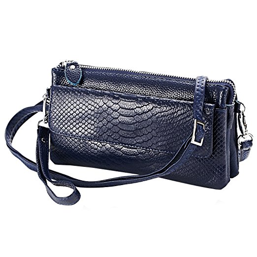 Shalwinn Women's Genuine Leather Crossbody Purse Shoulder bag Cellphone Pouch Purse Wristlet Wallet Clutch with Long Shoulder Strap and Wrist Strap (Royalblue)