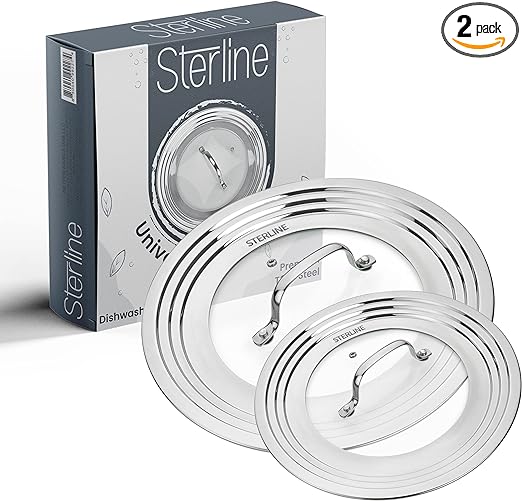 Sterline Universal Lids Set with Tempered Glass Top - Fits 5-12 Inch Pots, Pan, and Skillets - Set of 2, Large and Small, Stainless Steel Replacement Pot Lid for Kitchen Organizing, Space Saving