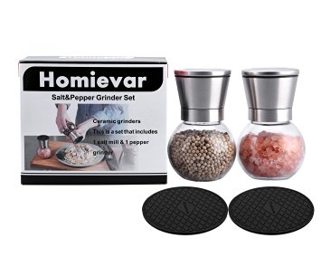 Homievar Stainless Steel Salt and Pepper Mills Grinder Set, Glass Round Body and Ceramic Rotor Salt and Pepper Mills Shakers