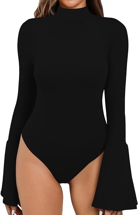 MANGOPOP Bell Sleeve Mock Neck Long Sleeve Short Sleeve Bodysuit for Going Out Tops for Women