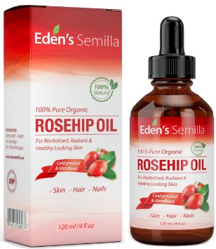 100 Pure Rosehip Oil - 4 OZ - Certified ORGANIC - Cold pressed and unrefined - NON Greasy HIGH absorbency - Use daily - Anti ageing nourishes hydrates and visibly reduces fine lines scars stretch marks and skin pigmentations - Suitable for all skin types - Edens Semilla Essential Skin Care