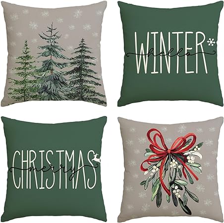 AVOIN colorlife Merry Christmas Tree Hello Winter Green Throw Pillow Covers, 18 x 18 Inch Mistletoe Pine Spruce Holiday Cushion Case Decoration for Sofa Couch Set of 4