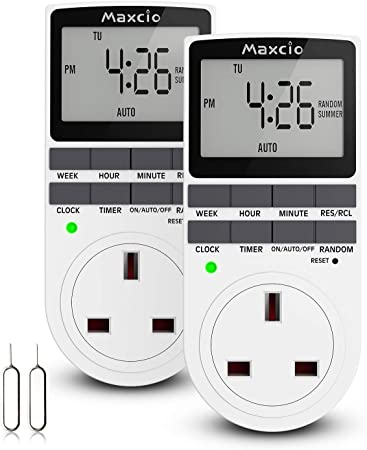 Timer Plug Socket, Maxcio Digital Timer Plug Switch with 10 ON/Off Programs, Anti-Theft Random Mode for Lights and Home Appliances - 13A/2900W (2 Packs)