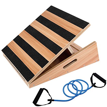 Professional Big-Size Wooden Slant Board, Adjustable Incline Board and Calf Stretcher - Bonus Resistance Band - Extra Side-Handle Design for Portability - 16" X 18", 5 Positions (400 lb Capacity)