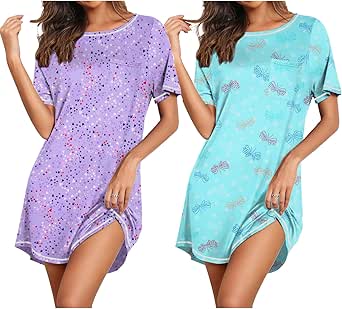 Ekouaer 2 Pack Nightgowns for Women Short Sleeve Sleepshirt Pullover Nightshirt Soft Sleepwear Pajama Dress S-XXXL