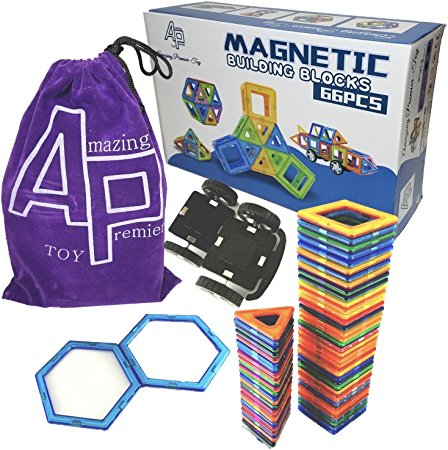 Amazing Premier Toy - Educational Magnetic Building Tiles Blocks Toy, 66 pcs (64 shapes   2 wheels), portable flannel storage bag