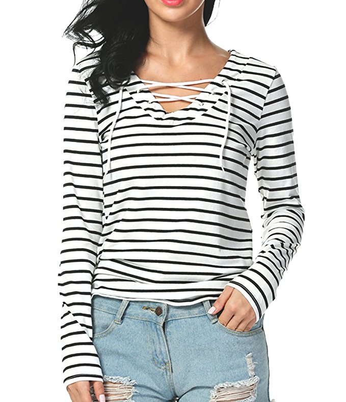 Bluetime Womens Casual V Neck Lace Up Striped Long Sleeve T-Shirt Tops