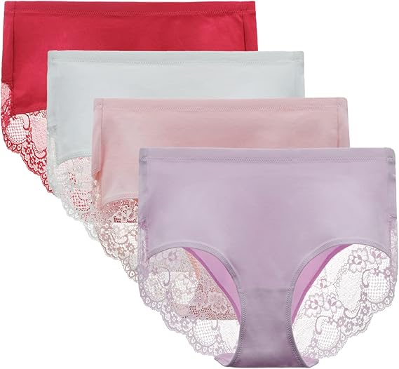 Women's 4 Pack Combed Cotton Breathable High Rise Lace Full Coverage Brief Panty Underwear