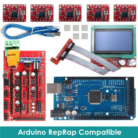 Robotlinking 3d Printer Controller Kit Mega 2560 R3  Ramps 14  5pcs A4988 Stepper Motor Driver with Heatsink  LCD 12864 Graphic Smart Display Controller with Adapter for Arduino Reprap
