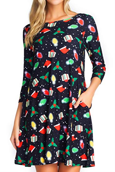 ICONOFLASH Women's Christmas Dresses with Pockets 3/4 Sleeves Flared Swing Holiday Party Dress Up