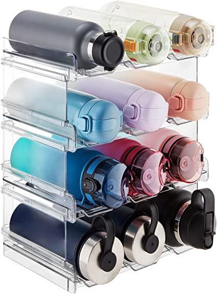 Lifewit Stackable Water Bottle Organizer for Cabinet, Freezer, Pantry - Plastic Cup Holder for Kitchen Countertop Storage, Cupboard, Office - Pack of 4, Each Rack Holds 3 Containers