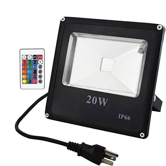 ZHMA RGB LED Flood Light,20W Color Changing Outdoor Light,16 Colors & 4 Modes Floodlight,Remote Control Security Lights,Waterproof Wall Washer Light with US 3-Plug