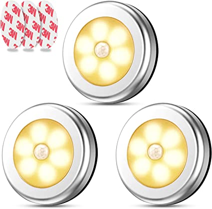 Leaflai Motion Sensor Lights Indoor, 3Pack LED Night Lights Automatic Switch Night Light with Sticker, Battery Powered for Wardrobe, Closet, Hallway, Kitchen, Stairs, Warm Light as a Gift