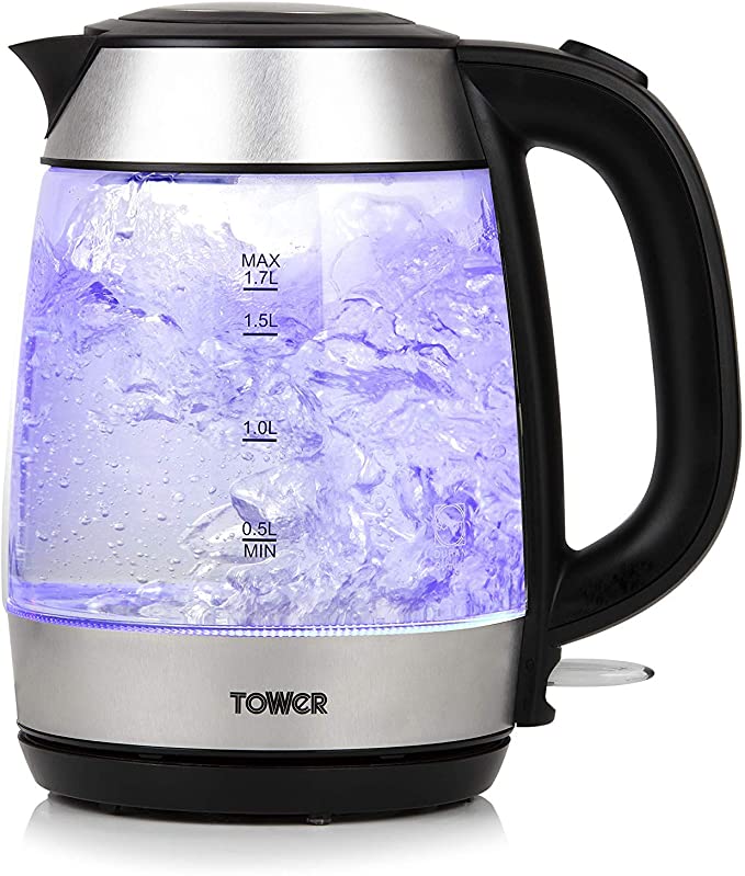 Tower T10040 Fast Rapid Boil Glass Kettle, Cordless with Easy Grip Touch Handle, Durable Schott Glass Body with Blue LED Illuminations, 3000 W, 1.7 Litre, Stainless Steel Finish