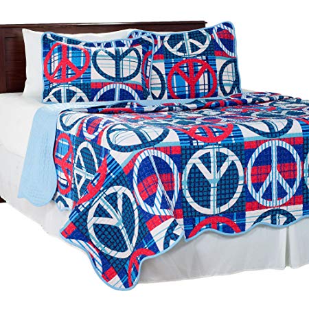 Lavish Home 3 Piece Peace Quilt Set, Full/Queen, Blue