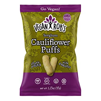 Vegan Rob's Puffs, Cauliflower, 1.25 Ounce Snack Size Bags (12 Count), Made with Probiotics, Gluten Free Snack, Plant Based, Vegan, Zero Trans Fats, Non GMO