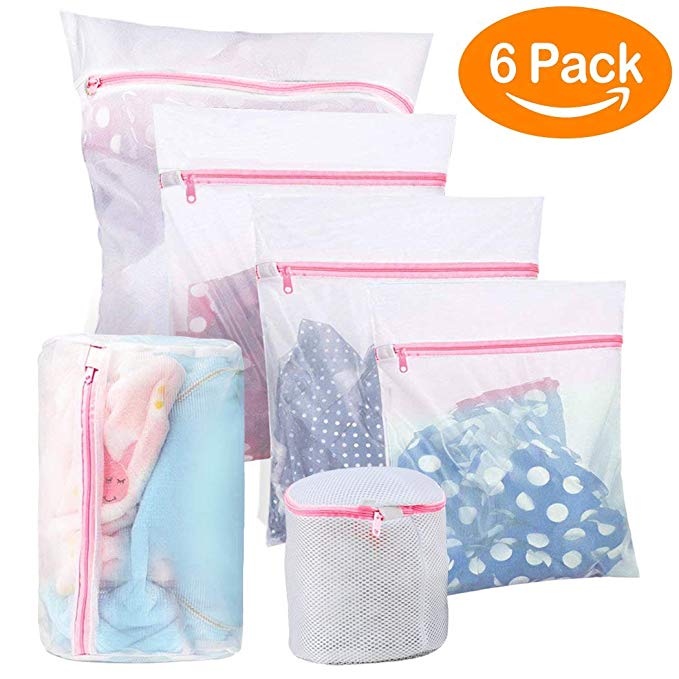 BoxLegend Mesh Laundry Bags Reusable Net Washing bags with Zipper Closure for Delicates, Underwear, Socks, Bras (5 Sizes) (6-Pack, Pink Zipper) (6Pack- Pink Zipper)