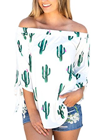 AlvaQ Women Off Shoulder 3/4 Sleeve Cuffed Floral Print Tops (7 Colors, S-XXL)