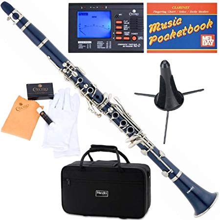 Mendini ABS B-Flat Clarinet, Blue and Tuner, Case, Stand, Pocketbook - MCT-BL SD PB 92D